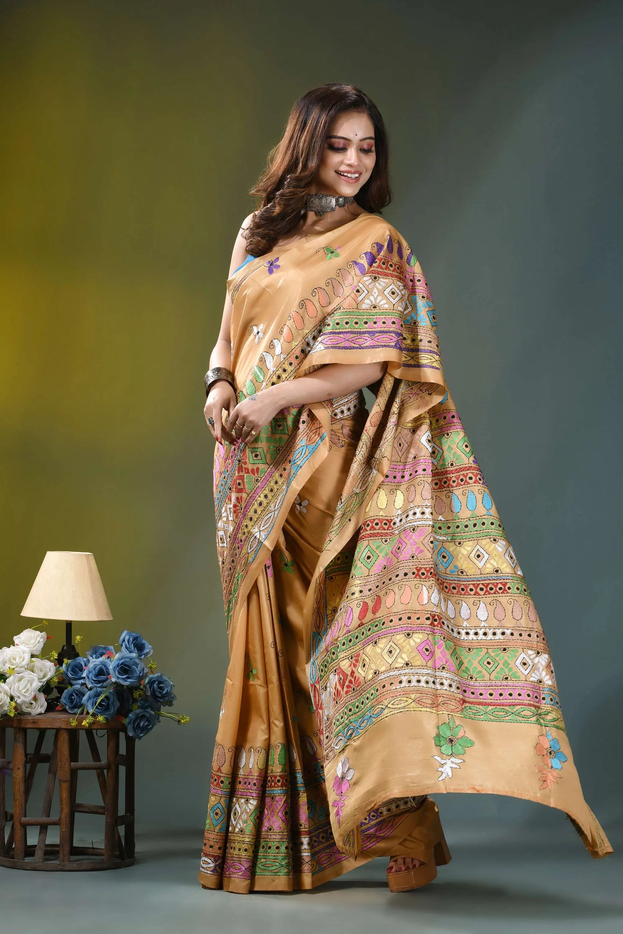 Harvest gold geometric handmade silk kantha saree woman wears golden-brown silk saree 6
