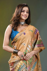 Harvest gold geometric handmade silk kantha saree golden-brown silk saree intricate embroidered 2