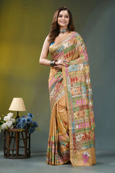 Harvest gold geometric handmade silk kantha saree woman wears golden-brown silk saree 7