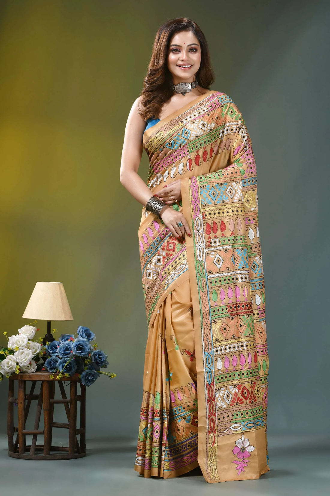 Harvest gold geometric handmade silk kantha saree woman wears golden-brown saree intricate 1