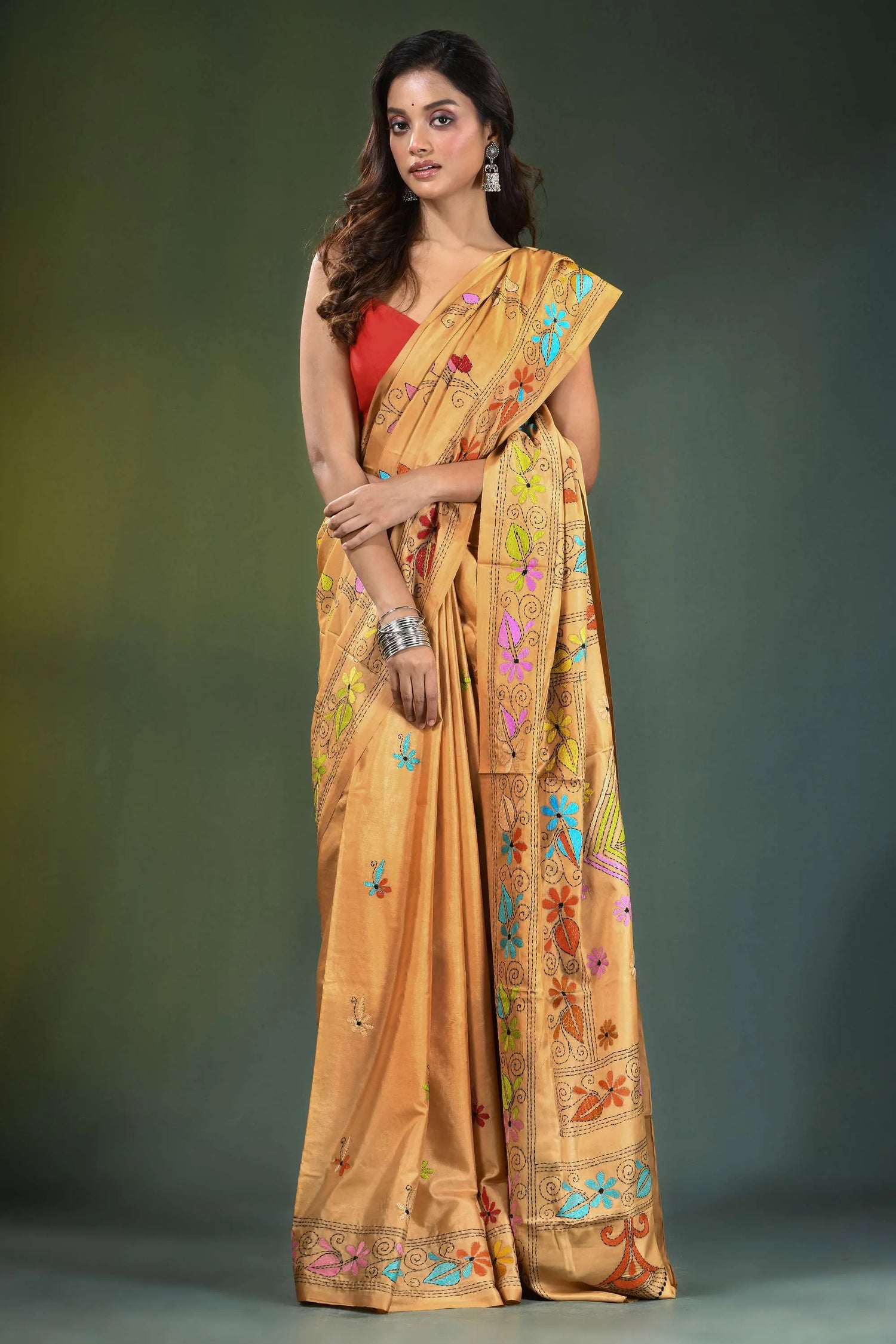 Harvest gold hand embroidered ethnic design kantha work silk saree vibrant mustard-yellow adorned 4