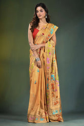 Harvest gold hand embroidered ethnic design kantha work silk saree vibrant mustard-yellow adorned 4