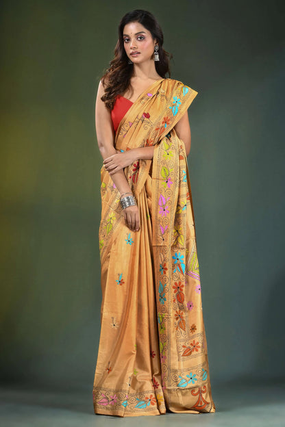 Harvest gold hand embroidered ethnic design kantha work silk saree vibrant mustard-yellow adorned 4