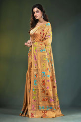 Harvest gold hand embroidered ethnic design kantha work silk saree golden-yellow adorned vibrant 3