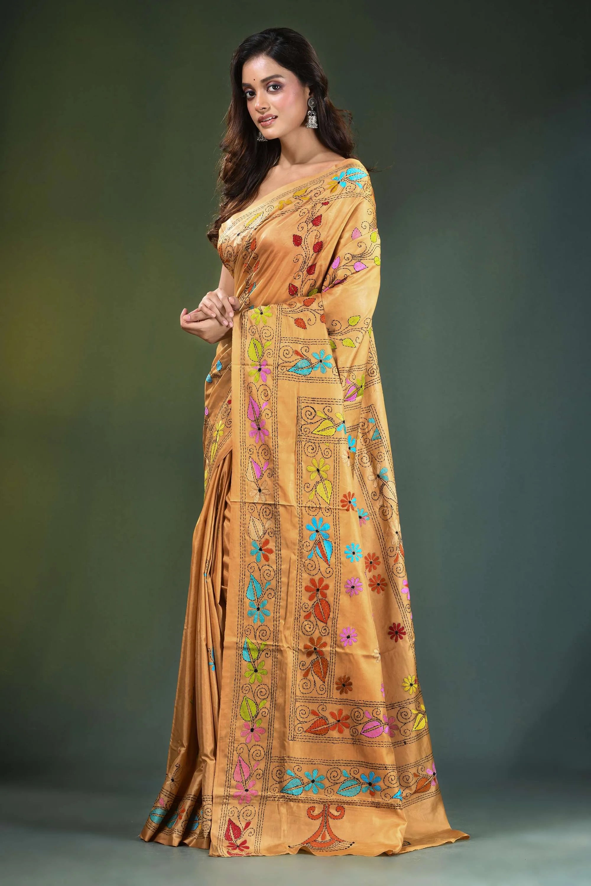 Harvest gold hand embroidered ethnic design kantha work silk saree golden-yellow adorned vibrant 3
