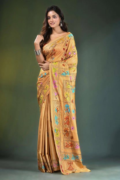Harvest gold hand embroidered ethnic design kantha work silk saree golden-yellow adorned vibrant 6