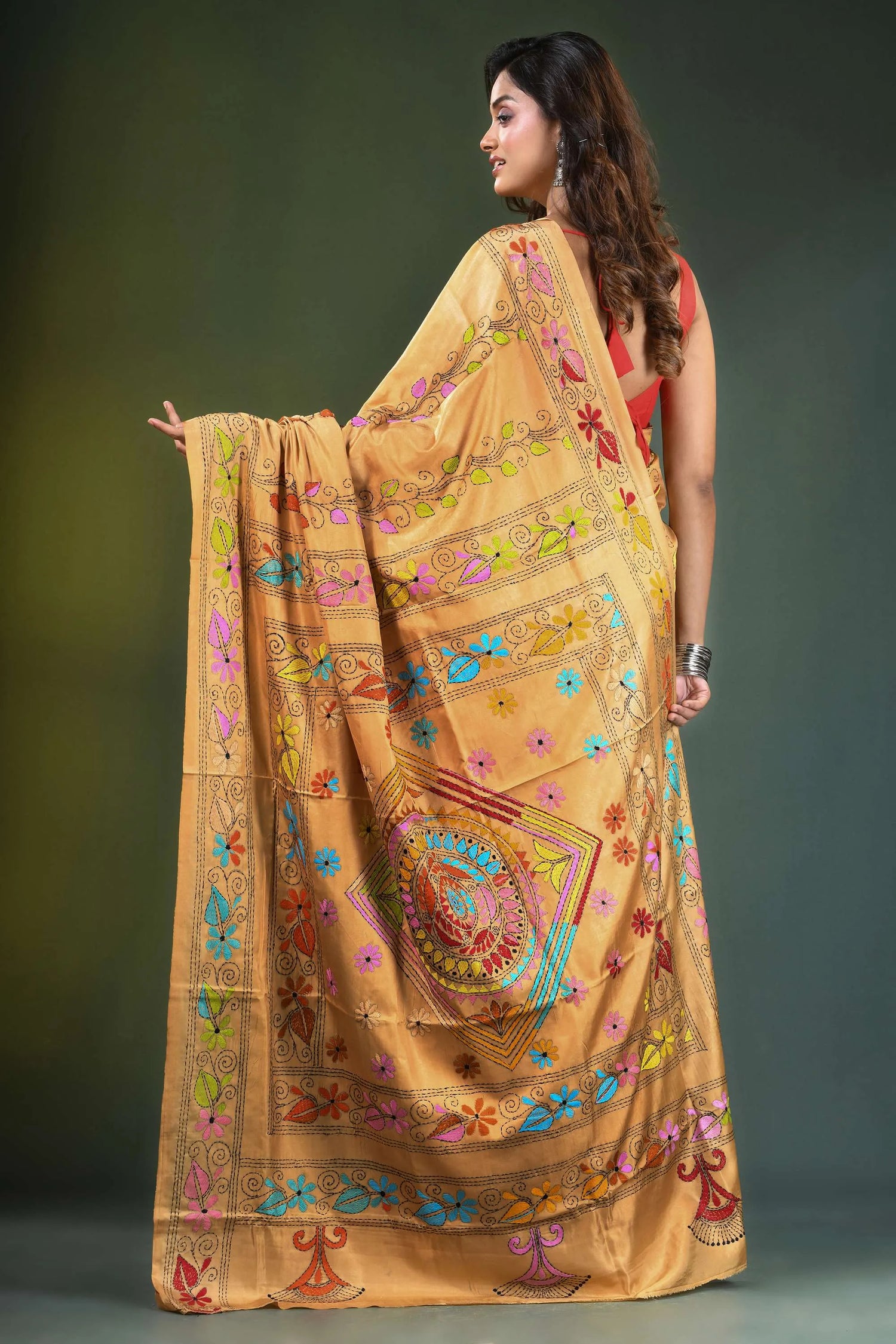 Harvest gold hand embroidered ethnic design kantha work silk saree vibrant mustard-yellow adorned intricate 5