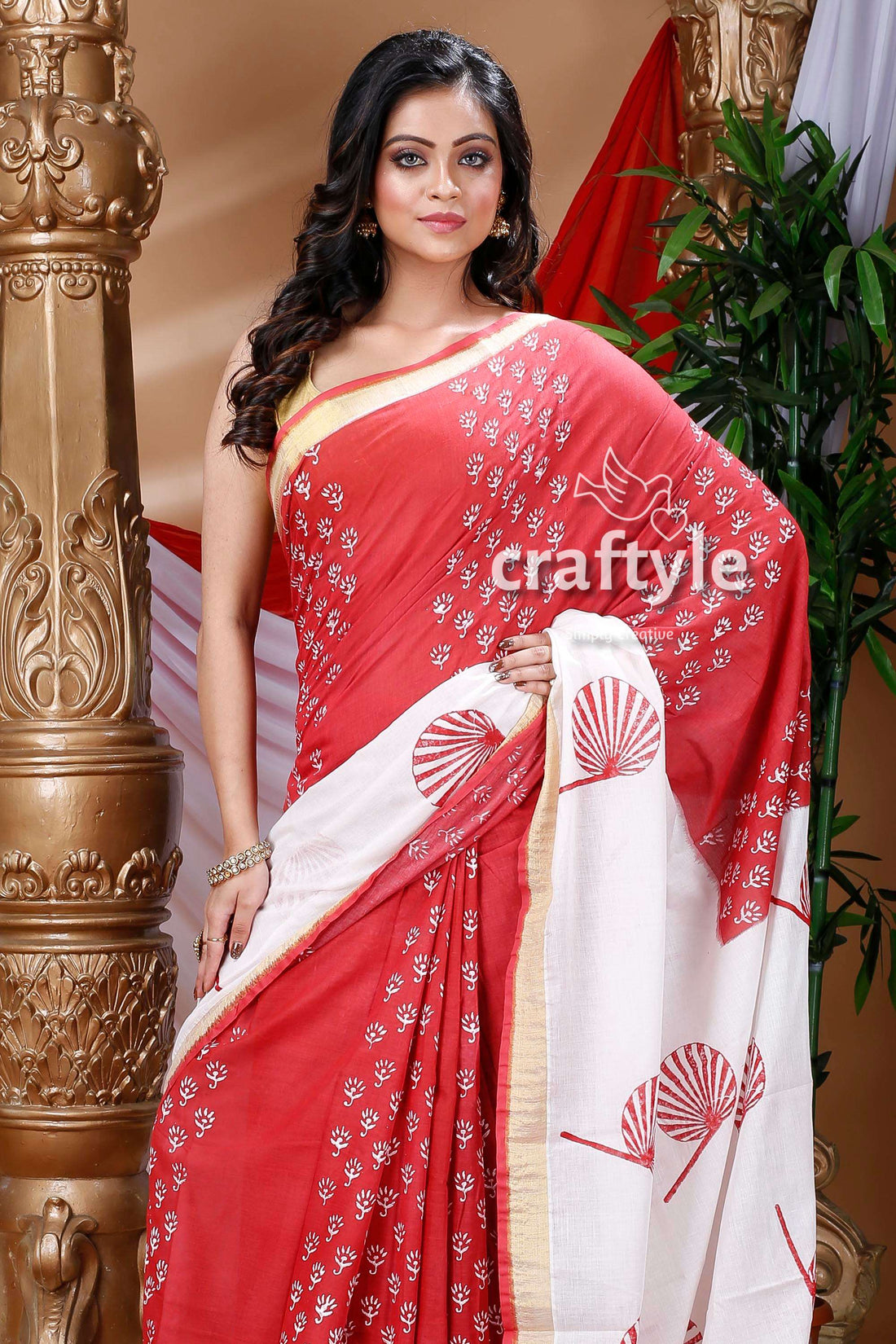 Hat Pakha Design Apple Red Hand Block Kerala Cotton Saree-Craftyle