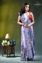 Hawkes blue lotus design hand batik kantha silk saree woman wears lavender silk saree 4