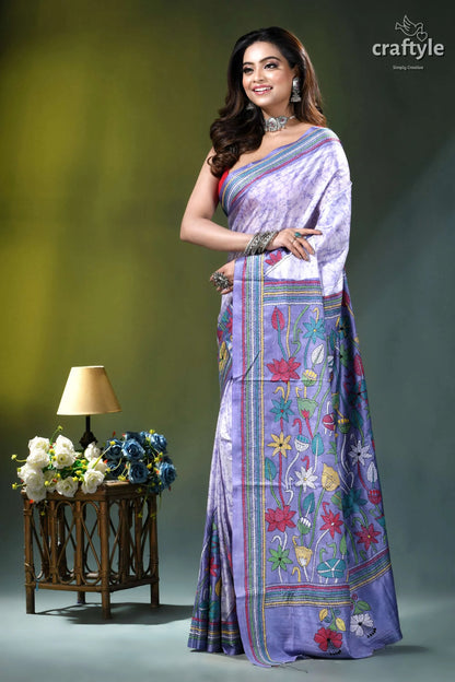 Hawkes blue lotus design hand batik kantha silk saree woman wears lavender silk saree 3
