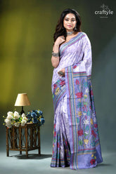 Hawkes blue lotus design hand batik kantha silk saree lavender silk saree intricate floral 6