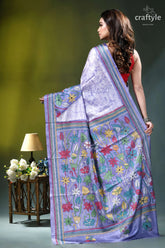 Hawkes blue lotus design hand batik kantha silk saree lavender-colored saree intricate floral embroidery 5