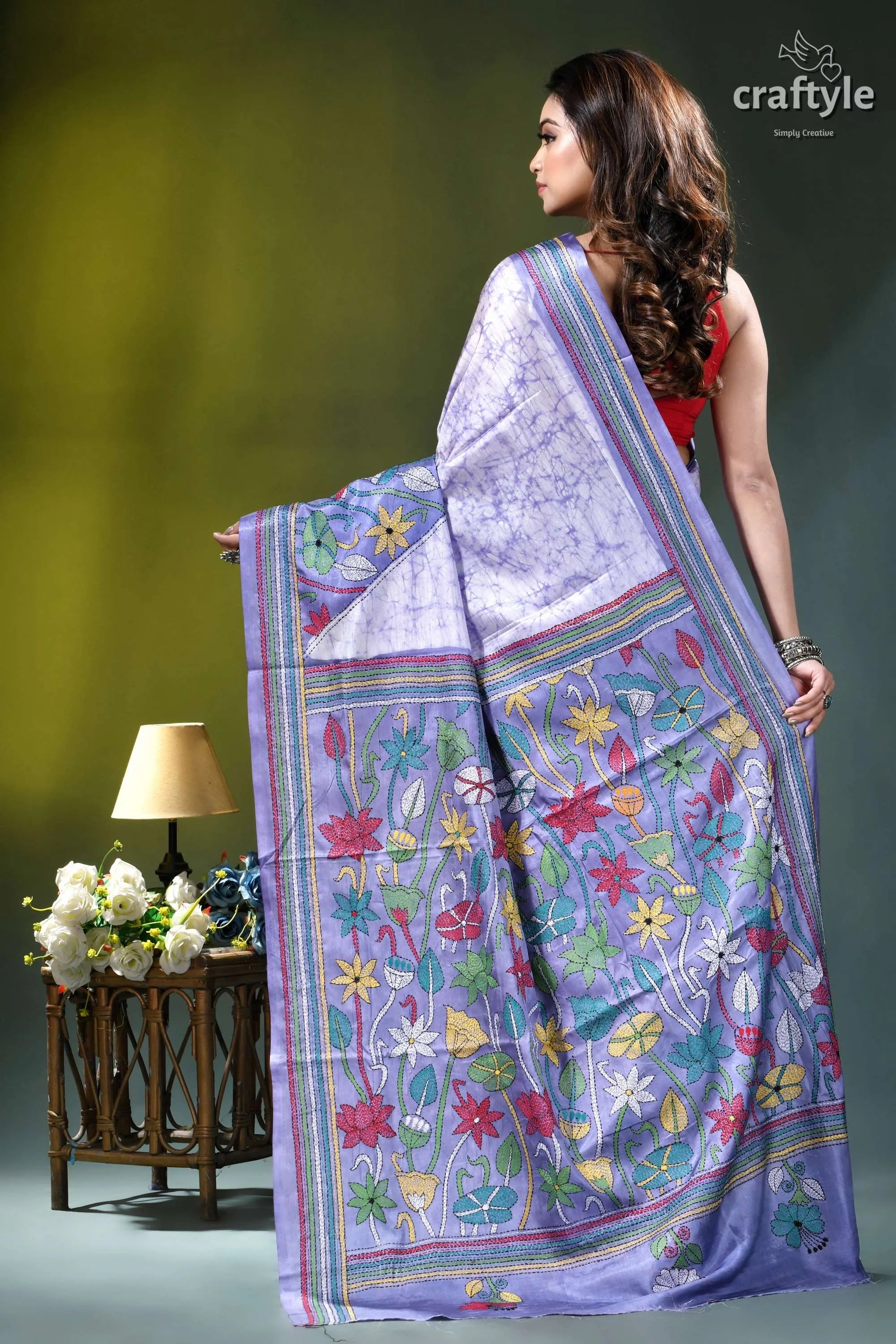 Hawkes blue lotus design hand batik kantha silk saree lavender-colored saree intricate floral embroidery 5