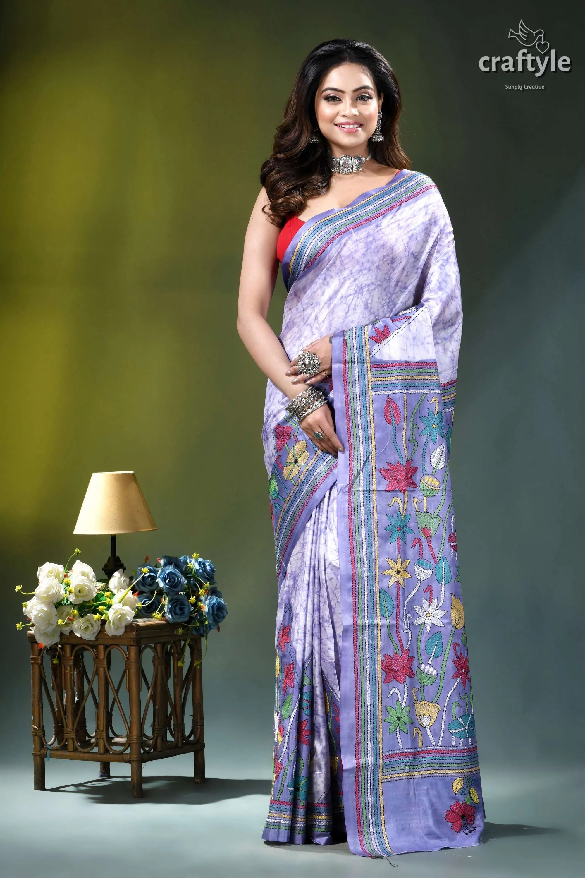 Hawkes blue lotus design hand batik kantha silk saree woman wears lavender silk saree 1