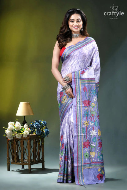 Hawkes blue lotus design hand batik kantha silk saree woman wears lavender silk saree 1