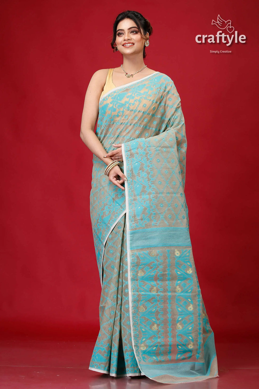 Heathered grey exclusive jamdani saree woman blue gold saree 1