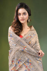 Heathered grey folk art motif kantha embroidery silk saree beige intricate embroidered 2