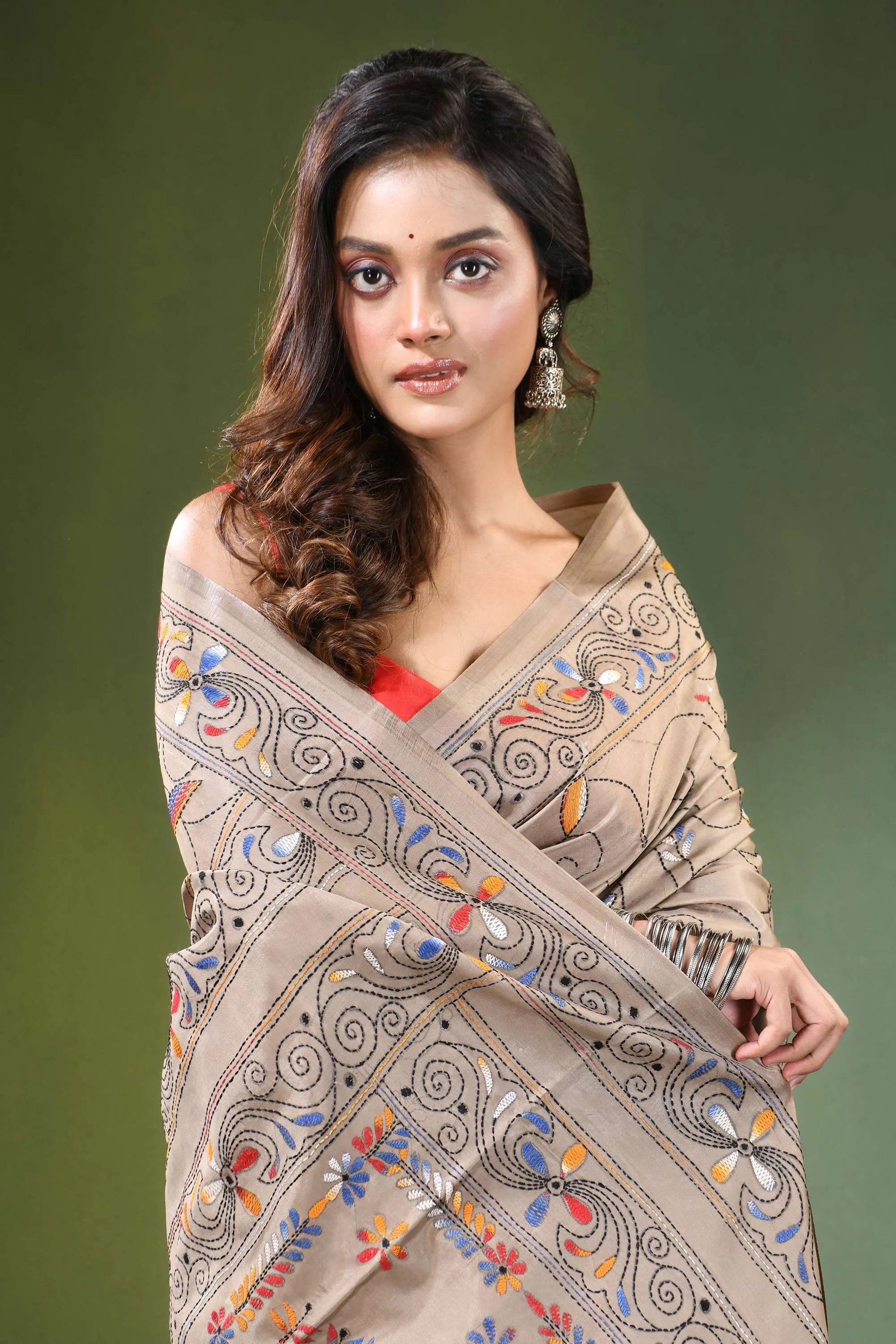 Heathered grey folk art motif kantha embroidery silk saree beige intricate embroidered 2