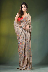 Heathered grey folk art motif kantha embroidery silk saree beige intricate multicolored 5