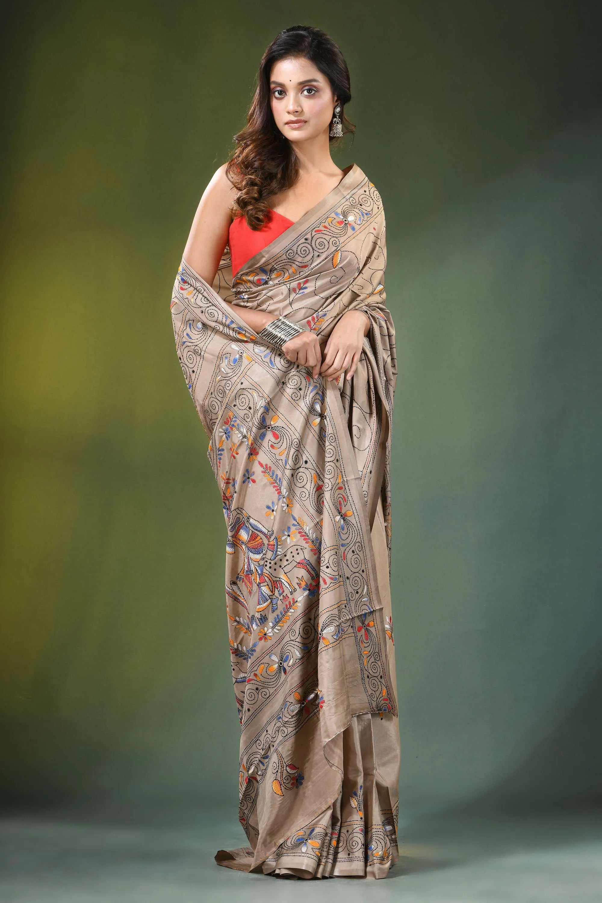 Heathered grey folk art motif kantha embroidery silk saree beige intricate multicolored 5