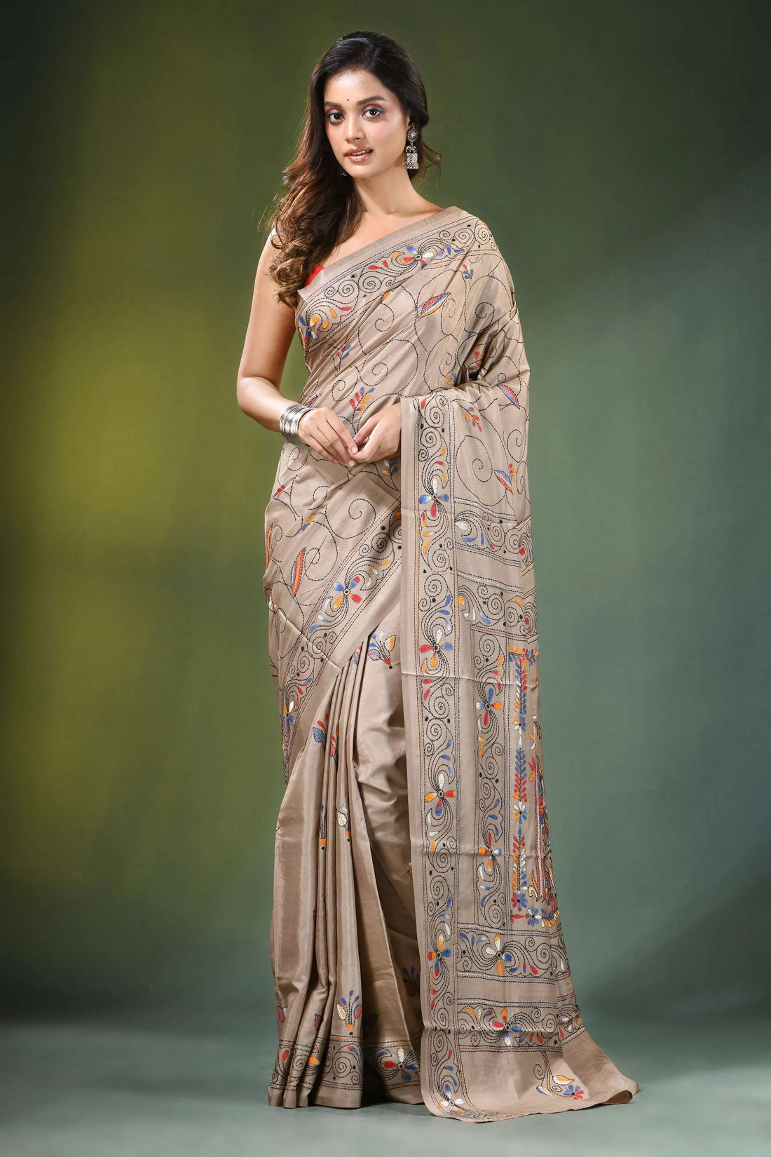 Heathered grey folk art motif kantha embroidery silk saree beige intricate multicolored 1