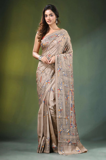 Heathered grey folk art motif kantha embroidery silk saree beige intricate multicolored 1