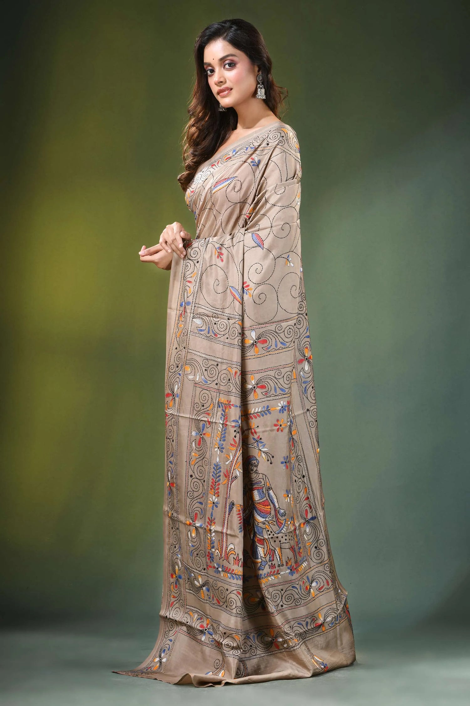 Heathered grey folk art motif kantha embroidery silk saree beige intricate hand-painted 3