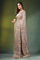Heathered grey folk art motif kantha embroidery silk saree beige intricate hand-painted 3