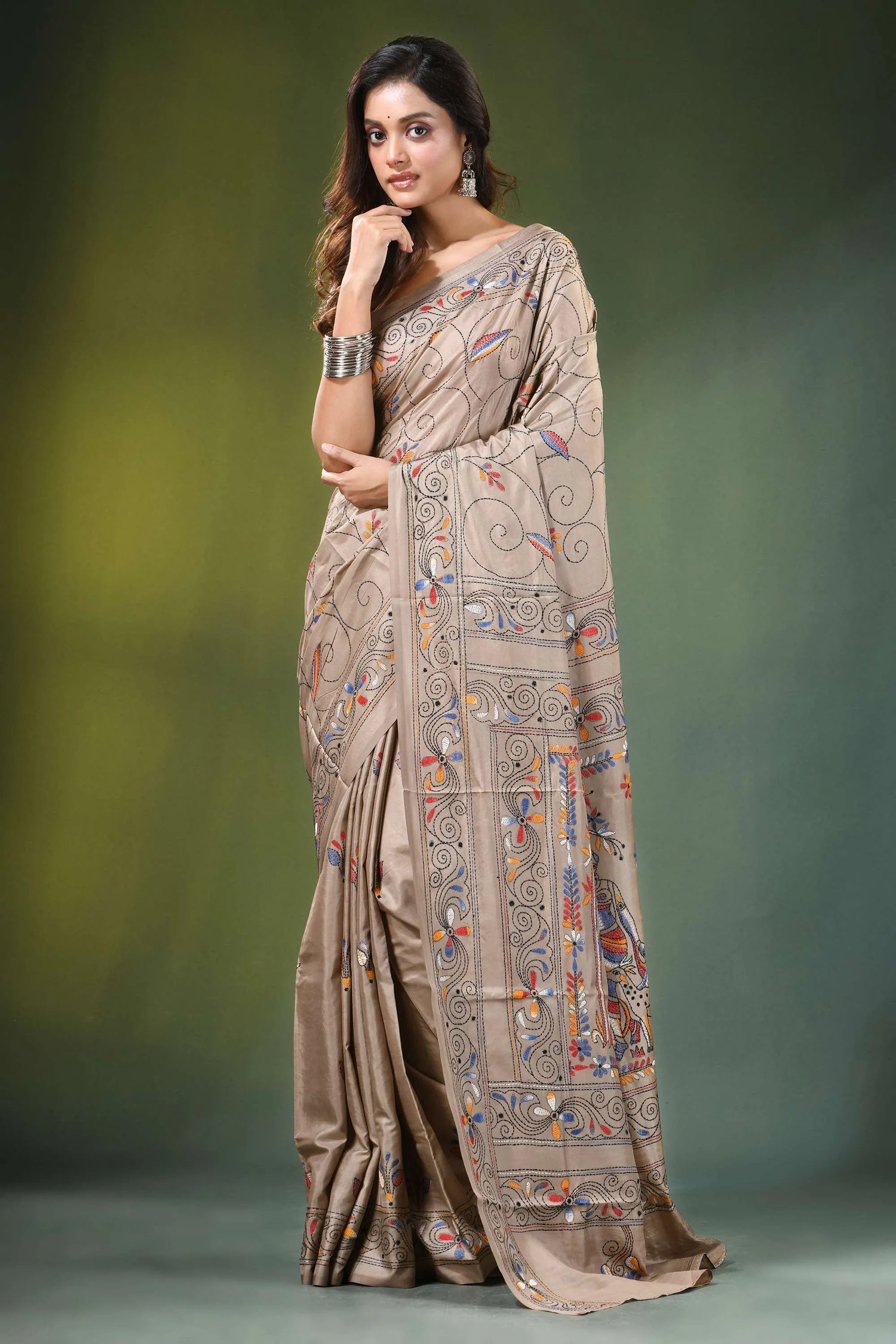 Heathered grey folk art motif kantha embroidery silk saree beige intricate multicolored 6