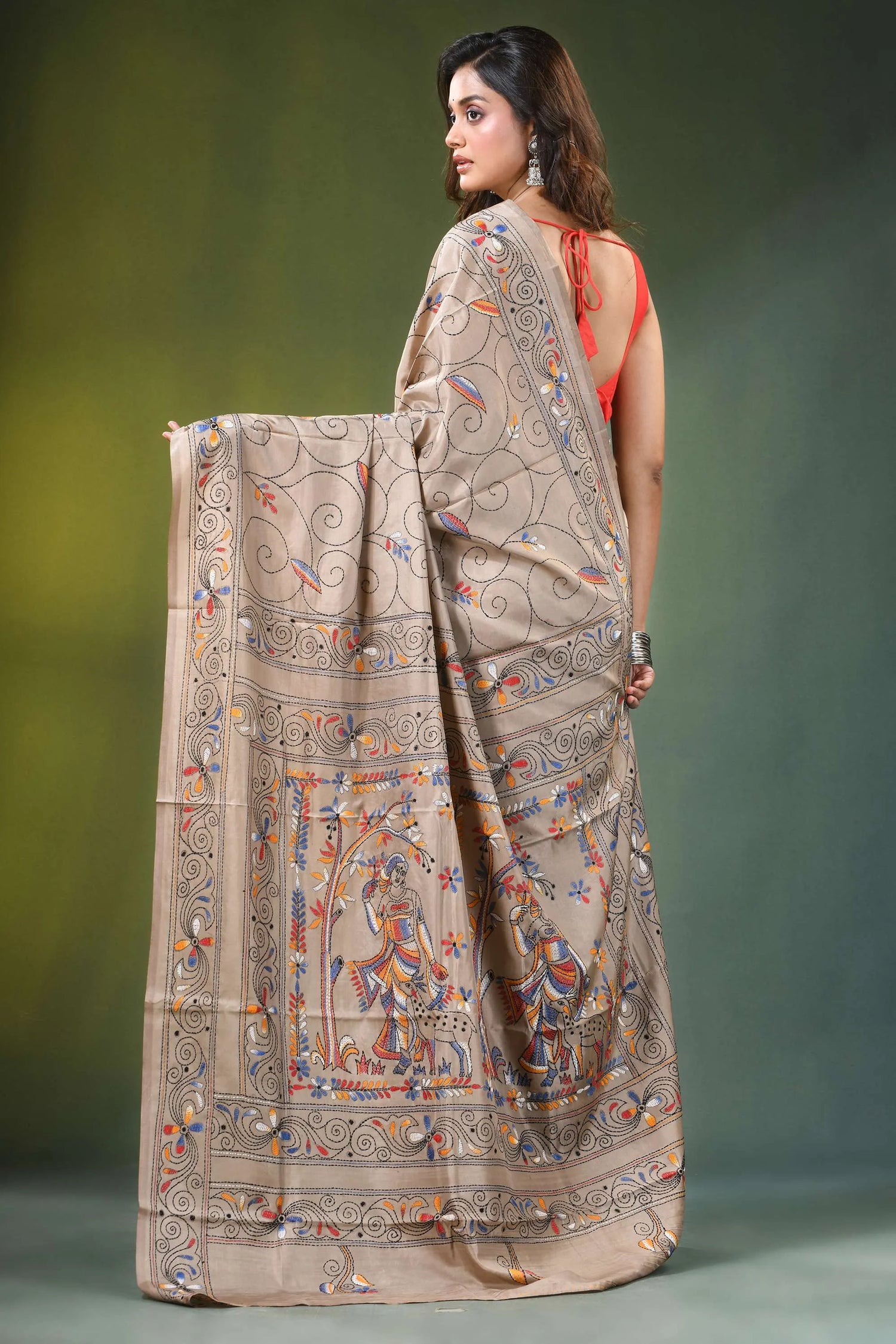 Heathered grey folk art motif kantha embroidery silk saree beige intricate hand-painted 4