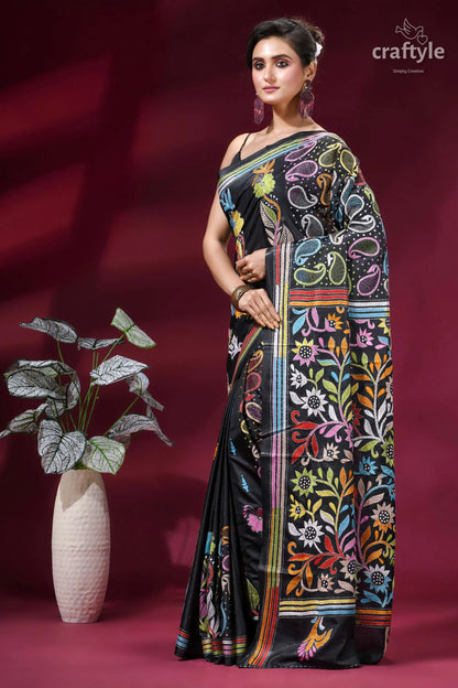 Heritage floral motif kantha stitch silk saree in charcoal black black silk saree vibrant multicolored 3