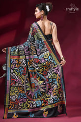 Heritage floral motif kantha stitch silk saree in charcoal black black silk saree vibrant multicolored 5