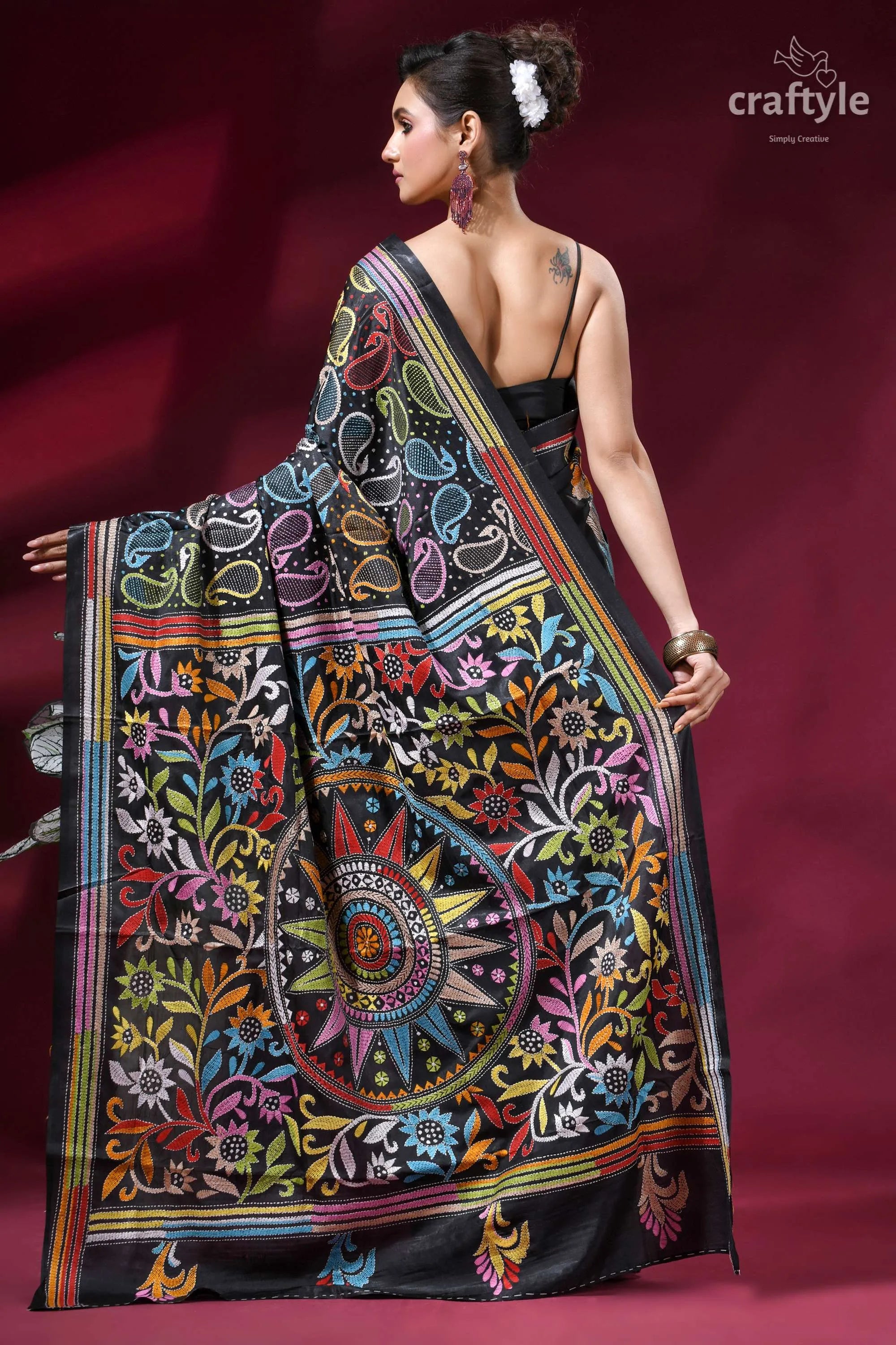 Heritage floral motif kantha stitch silk saree in charcoal black black silk saree vibrant multicolored 5