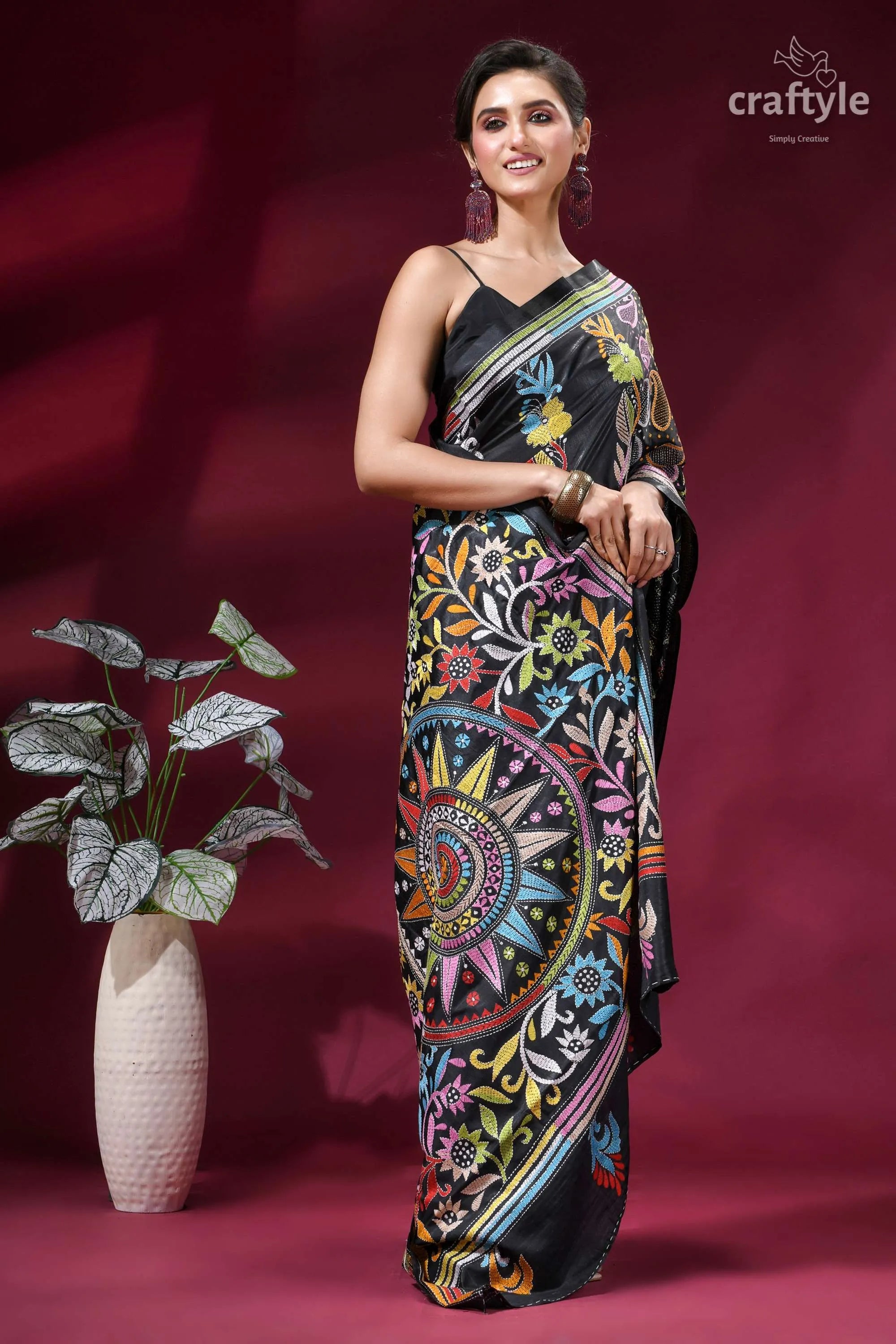Heritage floral motif kantha stitch silk saree in charcoal black black sari vibrant multicolored floral 4