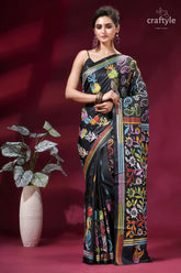 Heritage floral motif kantha stitch silk saree in charcoal black black silk saree adorned vibrant 1