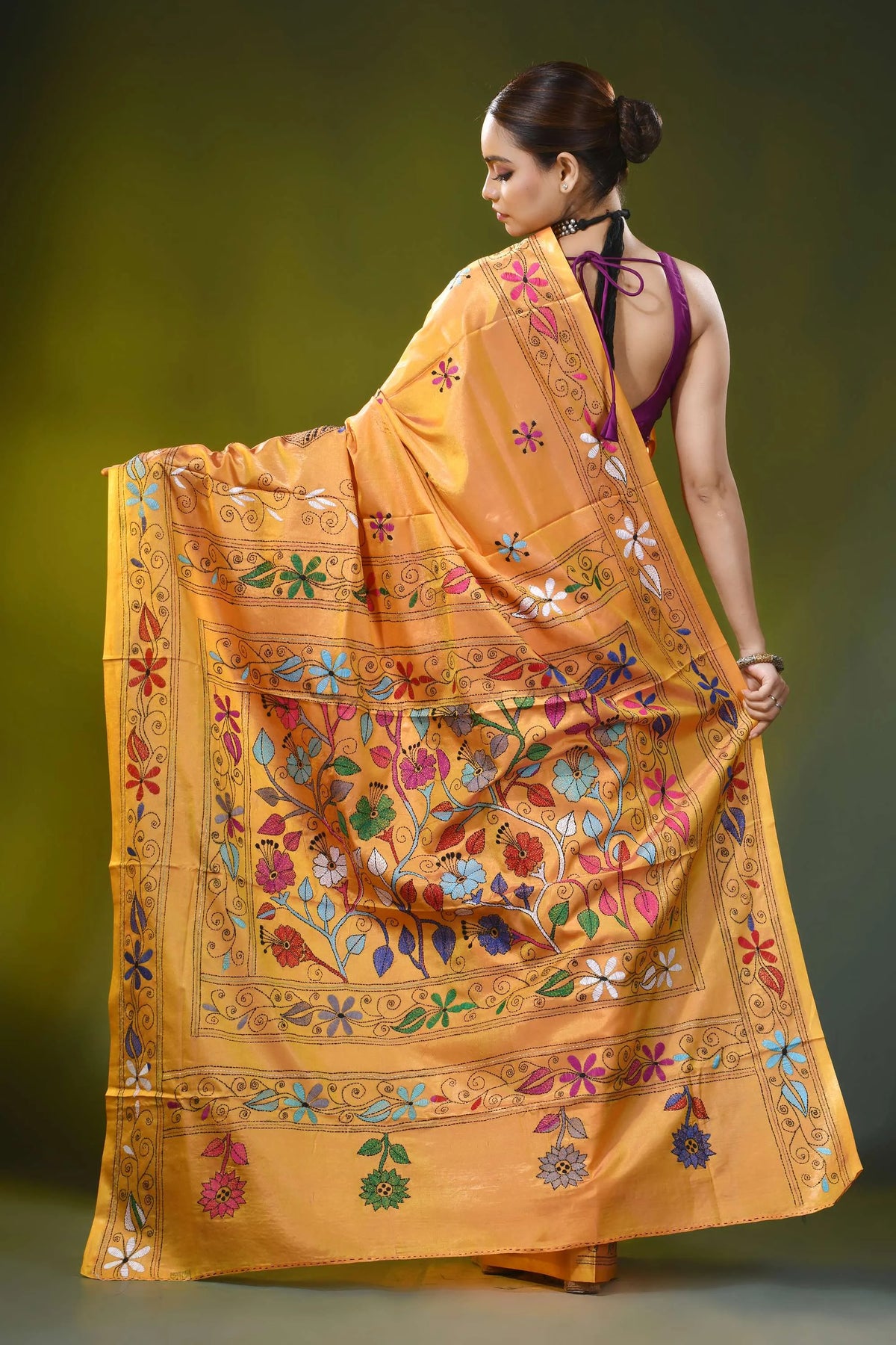 Hibiscus design mustard gold hand embroidery silk kantha saree 4