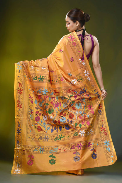 Hibiscus design mustard gold hand embroidery silk kantha saree 4