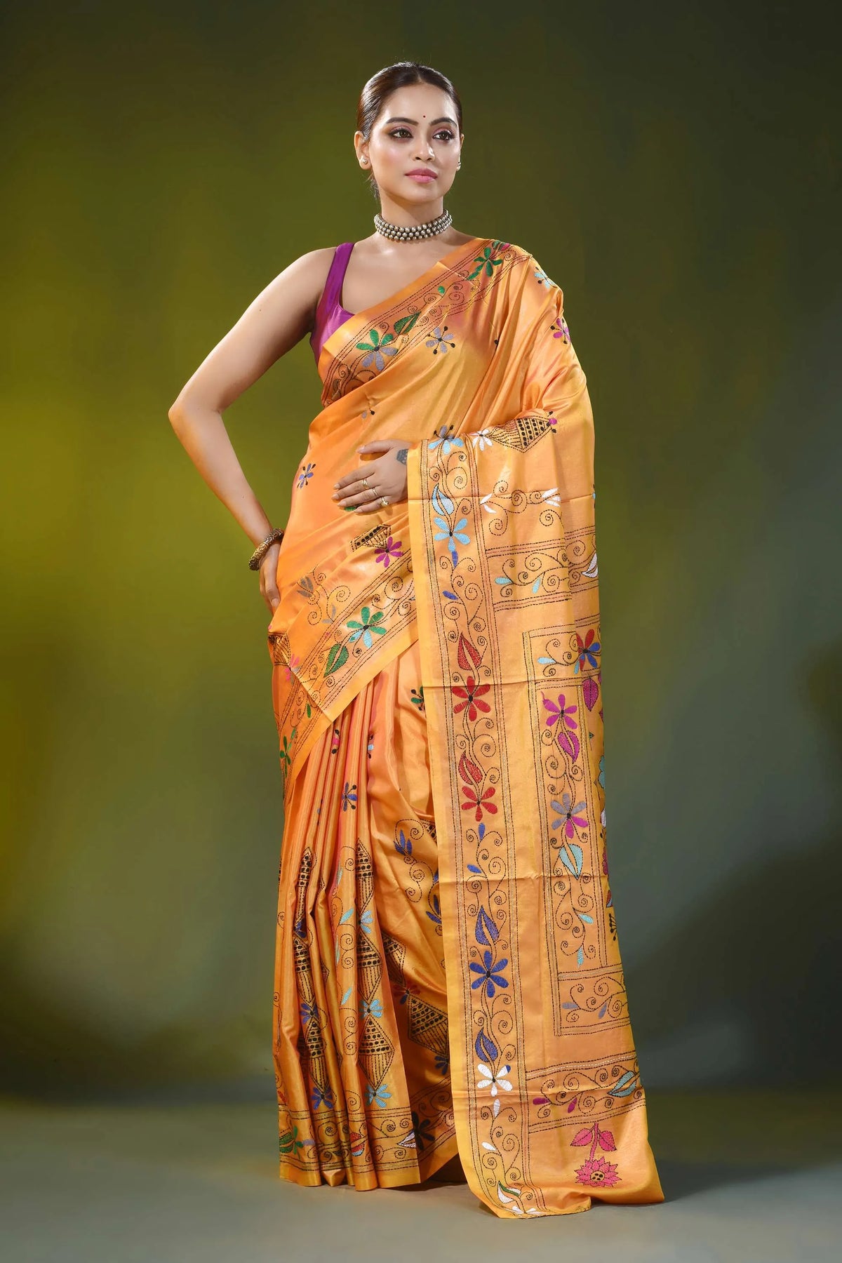 Hibiscus design mustard gold hand embroidery silk kantha saree 6