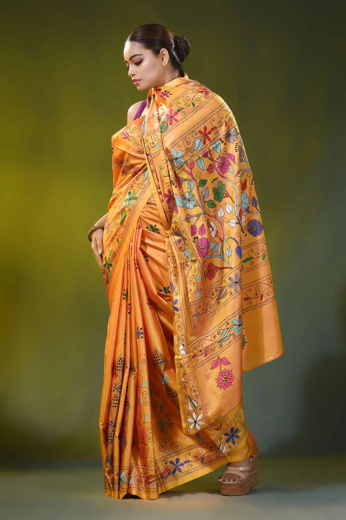 Hibiscus design mustard gold hand embroidery silk kantha saree 5