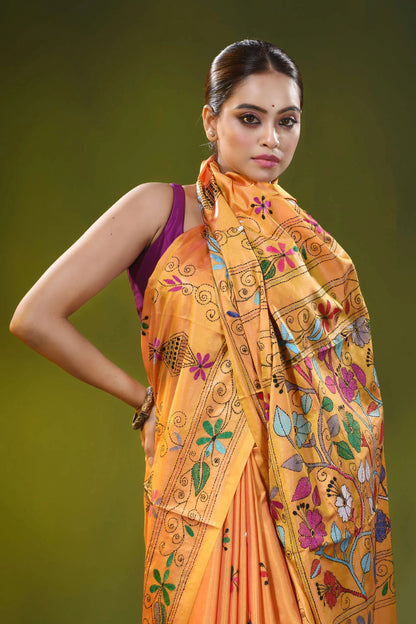 Hibiscus design mustard gold hand embroidery silk kantha saree 2