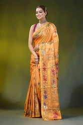 Hibiscus design mustard gold hand embroidery silk kantha saree 3