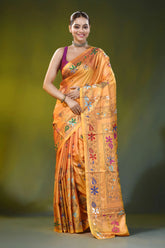 Hibiscus design mustard gold hand embroidery silk kantha saree 1