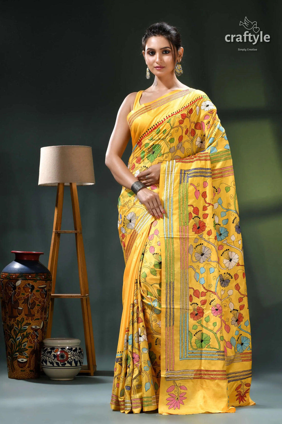 Hibiscus motif tangerine yellow traditional silk kantha work saree yellow floral saree intricate embroidery 1