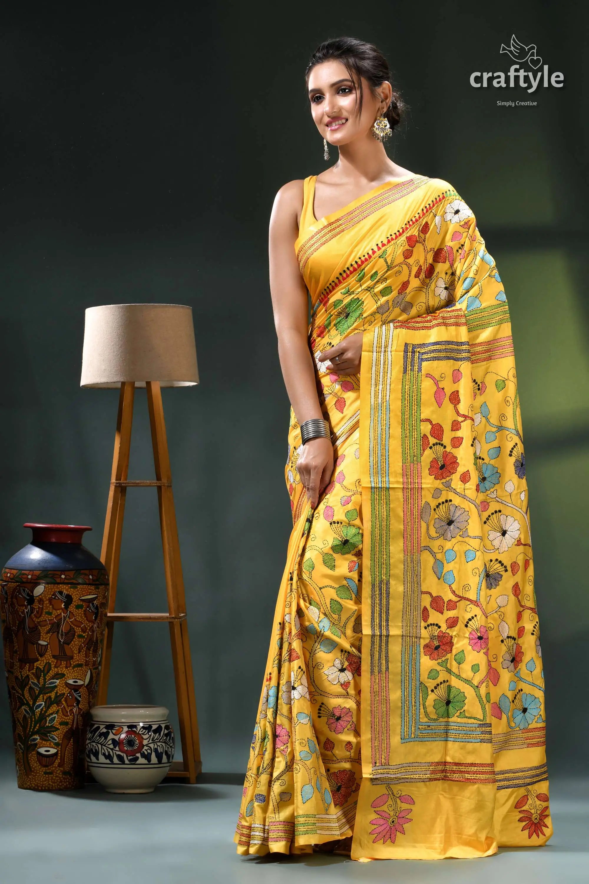 Hibiscus motif tangerine yellow traditional silk kantha work saree yellow floral saree intricate embroidery 3