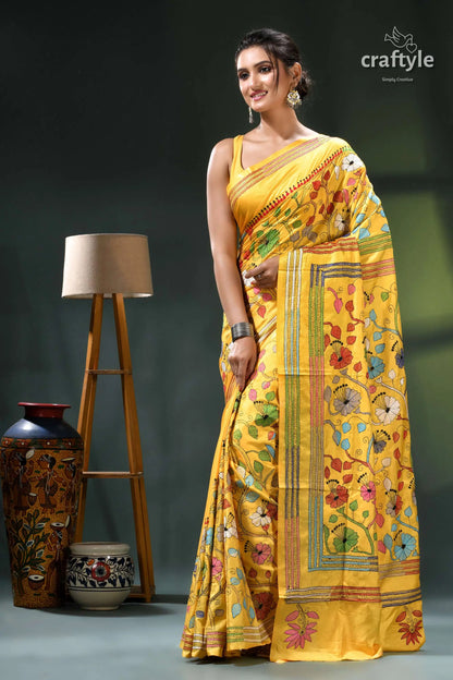 Hibiscus motif tangerine yellow traditional silk kantha work saree yellow floral saree intricate embroidery 3