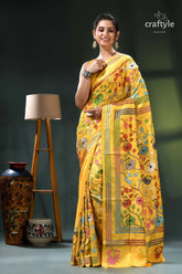 Hibiscus motif tangerine yellow traditional silk kantha work saree yellow floral saree intricate designs 6