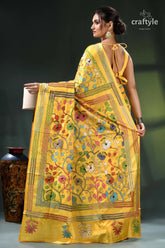 Hibiscus motif tangerine yellow traditional silk kantha work saree yellow floral saree intricate embroidery 5