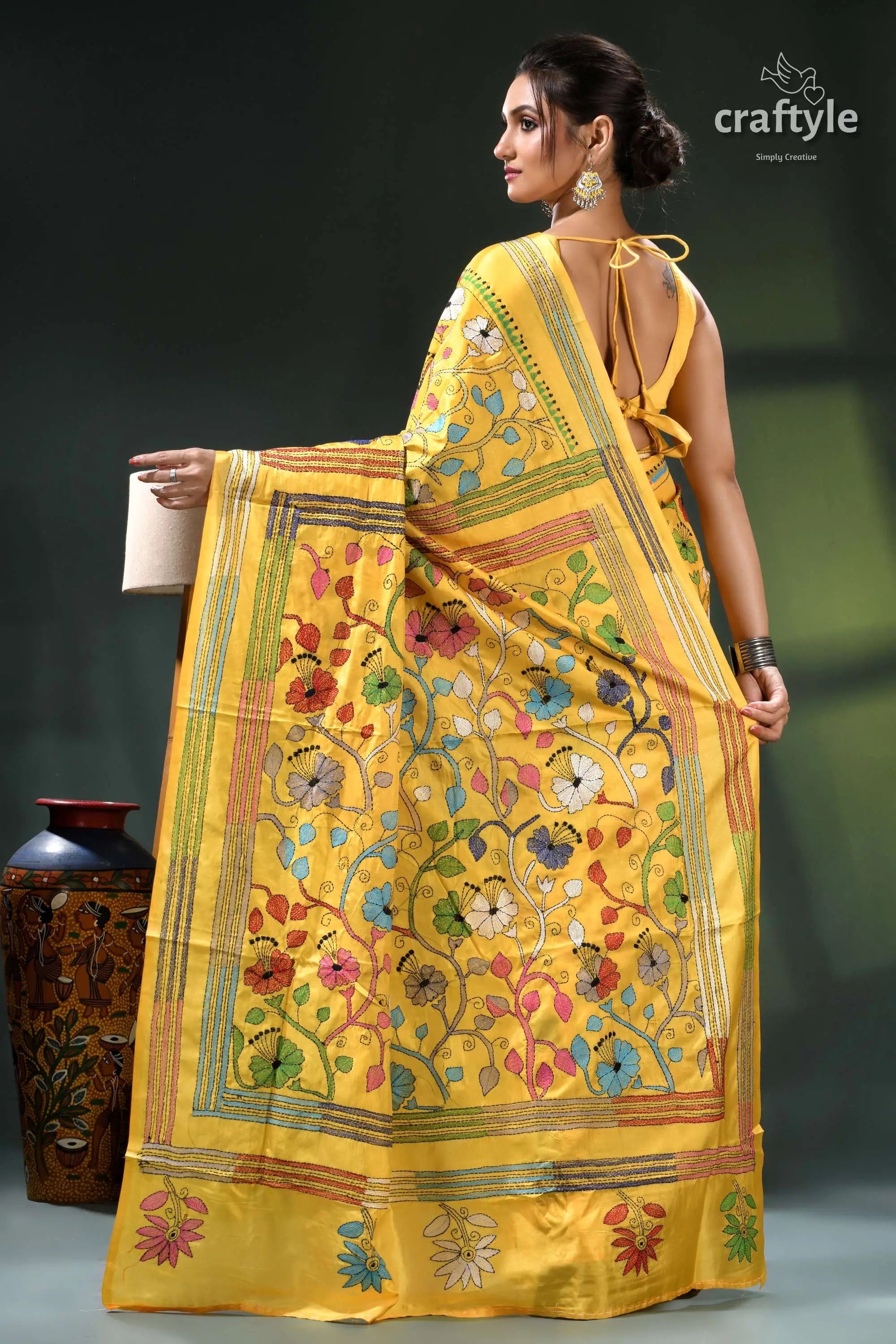 Hibiscus motif tangerine yellow traditional silk kantha work saree yellow floral saree intricate embroidery 5