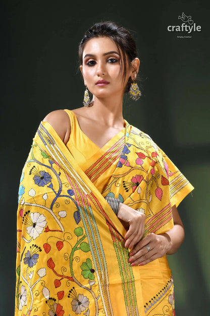 Hibiscus motif tangerine yellow traditional silk kantha work saree yellow floral saree brown border 2