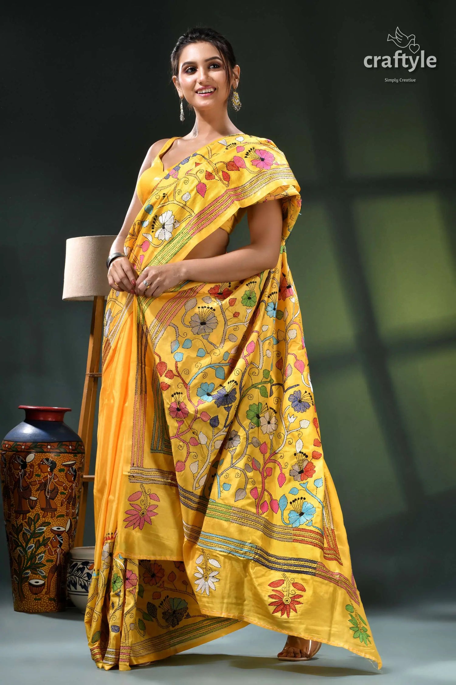 Hibiscus motif tangerine yellow traditional silk kantha work saree yellow floral saree intricate designs 4
